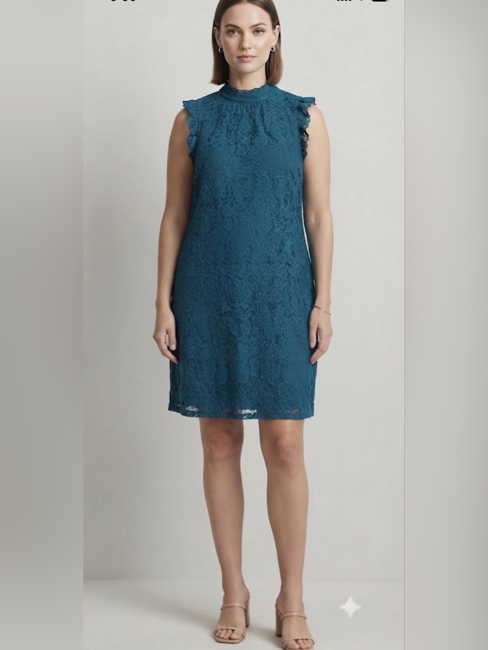 Soulmates Lace Shift Dress teal blue floral lace overlay and high-neck design 2X